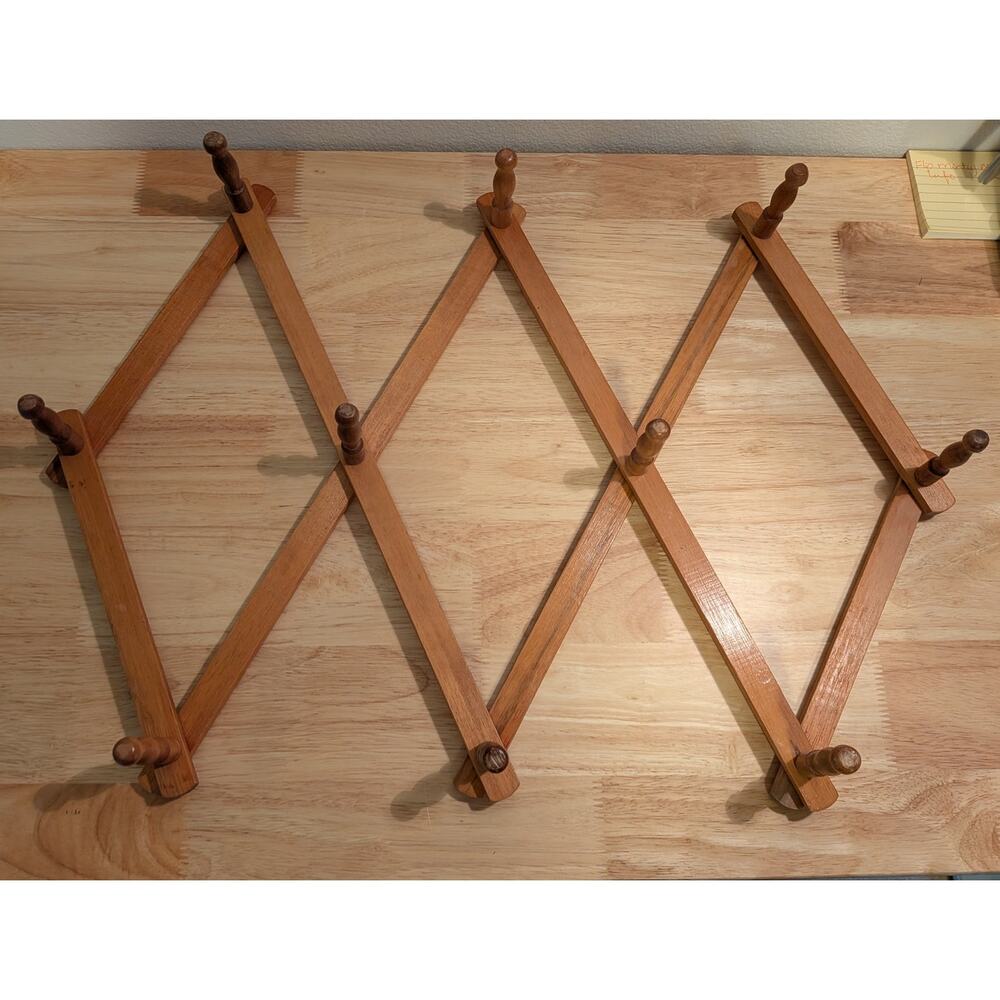 Vintage Wooden Accordion Wall Peg Rack Expandable Coat Hat Hanger 10 Peg